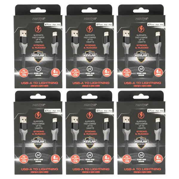 6 Pack - PowerXcel 4-Foot USB-A to Lightning Charge & Sync Cable Wholesale Bundle PowerXcel